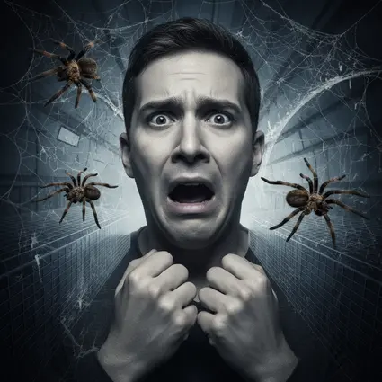 Bild einer Person mit Phobie Das Bild zeigt eine Person mit einer Phobie vor Spinnen. Phobien sind Angststörungen.